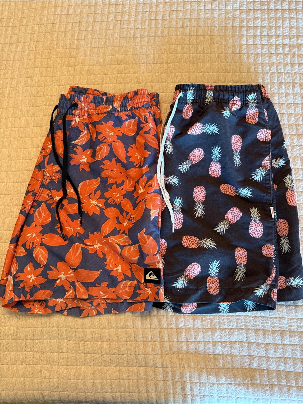 Two men’s small swim trunks, Quicksilver and ambsn